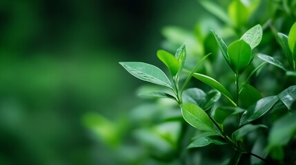 Poster - Fresh Green Leaves with Dew on a Natural Background in Soft Focus : Generative AI
