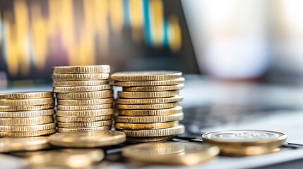 Aufkleber - Close Up of Stacked Coins on Laptop Keyboard Surrounded by Technical Financial Data Visualizations : Generative AI