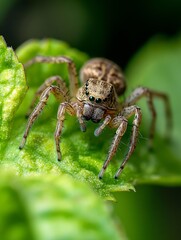 Wall Mural - closeup of a spider perched on vibrant green leaves highlighting nature's intricate details : genera