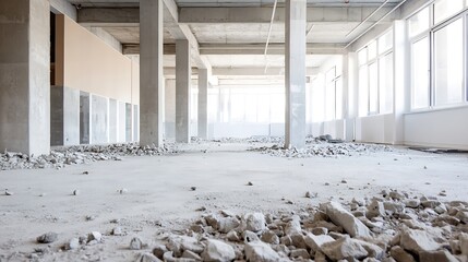 Aufkleber - Industrial view of a spacious empty room under construction featuring exposed concrete and debris : Generative AI