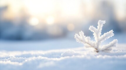 Poster - Delicate frost covered branch in serene winter landscape during soft sunrise : Generative AI