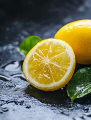 Aufkleber - Fresh yellow lemons with water droplets resting on a dark stone surface inviting a refreshing mood : Generative AI