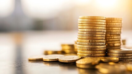 Aufkleber - Detailed closeup of stacked golden coins with a soft background illustrating wealth and prosperity : Generative AI