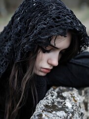 Poster - Emotionally captivating portrait of a young woman with a black shawl thoughtfully resting on a stone : Generative AI