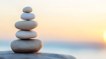 Leinwandbilder - Serene stacked stones symbolizing balance and harmony against a tranquil sunset background : Generative AI