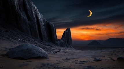 Wall Mural - A large rock sits in the middle of a desert landscape