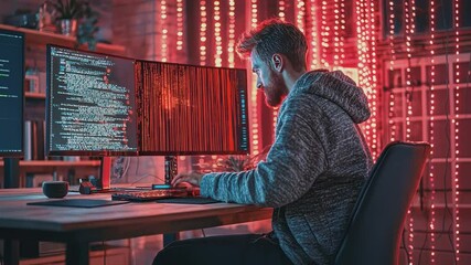 Code Weaver: A focused individual, immersed in the digital realm, intently working at a computer, surrounded by a vibrant array of data streams and technology.