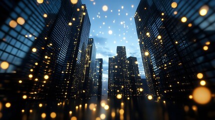 Poster - Stunning city skyline at dusk illuminated with bright lights and sparkling reflections : Generative AI