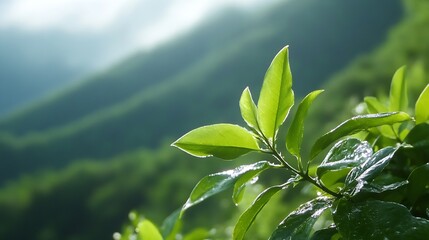 Poster - Fresh green leaves glistening in natural light with a blurred mountainous background : Generative AI