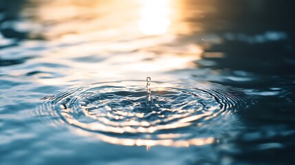 Poster - Rippling Water Surface with a Drop Creating Circular Waves and Reflections at Sunset : Generative AI