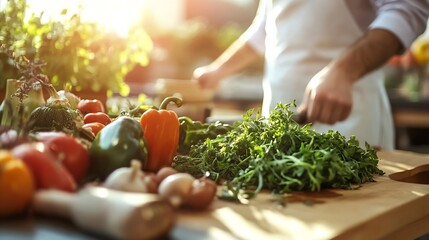 Poster - Fresh vegetables and herbs being chopped in a well lit kitchen for healthy meal preparation : Generative AI