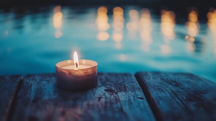 Poster - A lit candle placed on a wooden deck by a serene water surface reflecting glowing lights : Generative AI