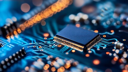 Fototapete - Close Up of Highly Detailed Computer Circuit Board Illuminated with Bokeh Lights and Technology Inspiration : Generative AI