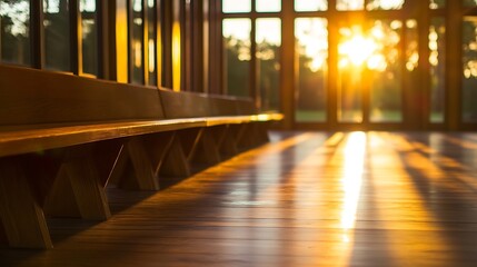 Poster - Golden sunlight illuminating a wooden interior with benches and large windows during sunset : Generative AI