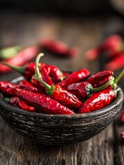 Poster - Fresh red chili peppers piled in a rustic bowl with a natural wooden background creating a vibrant culinary scene : Generative AI