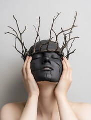 Aufkleber - Artistic Portrait of a Person with a Clay Mask and Twigs on Their Head : Generative AI