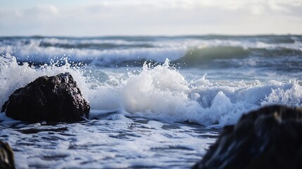 Leinwandbilder - Dramatic Ocean Waves Crashing Against Rocky Shoreline Under Dappled Sunlight : Generative AI