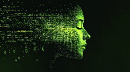 Fototapete - Human face dissolving into binary code illustrates the intersection of technology and identity in a futuristic setting. Generative AI
