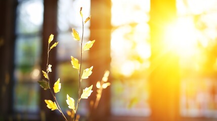 Poster - Beautiful sunlit leaves glowing in the early morning light streaming through a window : Generative AI