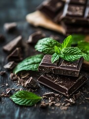 Aufkleber - Delicious dark chocolate pieces garnished with fresh mint leaves on a rustic wooden background : Generative AI