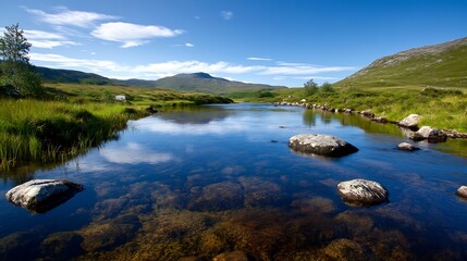 Poster - Serene River Landscape Under Clear Blue Sky Reflecting Mountains and Lush Greenery in Nature's Embrace : Generative AI