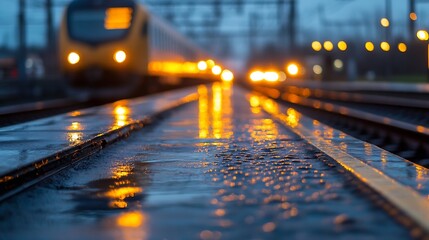 Aufkleber - Train traveling on wet tracks illuminated by city lights during a rainy evening : Generative AI