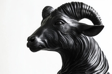 Elegant black sculpture of a ram with intricate detailing and smooth, flowing curves against a minimal white background.