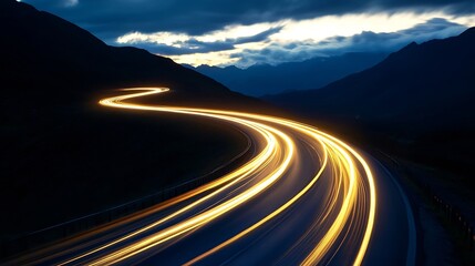 Poster - Dynamic light trails on a winding road during twilight showcasing motion and speed through mountains : Generative AI