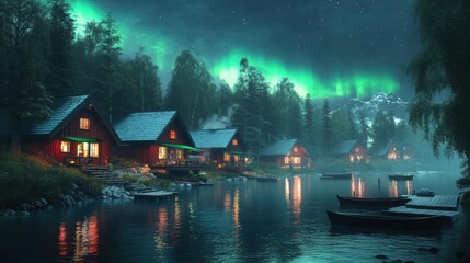 Poster - Starlit Scandinavian village at night with aurora borealis illuminating cozy cabins by the water. Generative AI