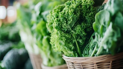 Poster - Fresh green leafy vegetables in a market display promoting healthy eating and vibrant lifestyle : Generative AI