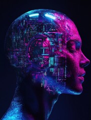 Aufkleber - Futuristic cybernetic head with glowing eye and mechanical structures highlighting advanced technology and artistry. Generative AI