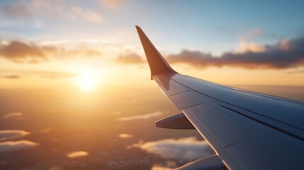 Poster - Airplane wing capturing the golden light of sunrise above the clouds : Generative AI