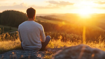 Poster - Peaceful silhouette of a man meditating during a vibrant sunset in the serene countryside landscape : Generative AI