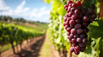 Aufkleber - Close Up of Fresh Ripe Grapes Hanging in a Vineyard Surrounded by Lush Green Vines Under a Bright Blue Sky : Generative AI