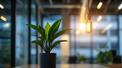 Poster - Indoor plant on a table illuminated by pendant light creating a serene atmosphere : Generative AI