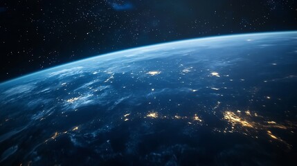 Aufkleber - Stunning view of Earth from space showcasing blue oceans and bright city lights amidst starry night sky : Generative AI