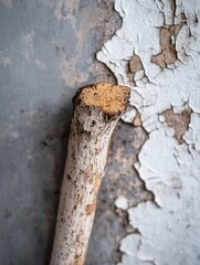 Poster - Detailed closeup of a weathered wooden stick against a textured wall showcasing natural elements : Generative AI