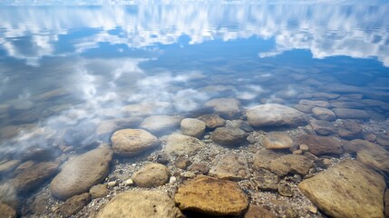 Aufkleber - Tranquil underwater view of clear water reflecting blue sky and smooth stones at the bottom of the lake : Generative AI