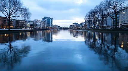 Aufkleber - Urban cityscape reflecting on calm water during dusk showcasing modern buildings and serene atmosphere : Generative AI