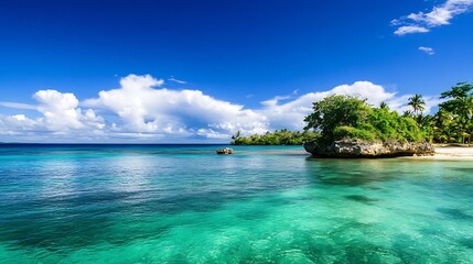 Wall Mural - Breathtaking tropical seascape with clear turquoise water and rocky coastline under a bright sky : Generative AI