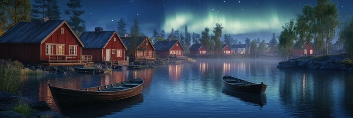 Aufkleber - Northern lights illuminate a Scandinavian village by the water with cozy cabins and serene reflections at night. Generative AI