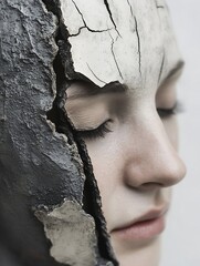 Aufkleber - Abstract Portrait of a Woman with Cracked Surface Representing Emotion and Vulnerability : Generative AI