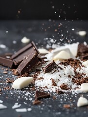 Poster - Delicious dark and white chocolate pieces scattered with coconut flakes on a dark backdrop : Generative AI