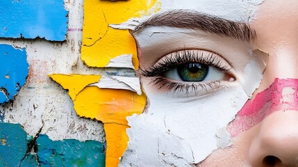 Aufkleber - Artistic representation of a woman's face with peeling paint creating a dramatic effect : Generative AI