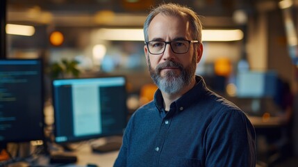 A portrait of a middle-aged male software developer in a modern office setting. He appears confident and focused, surrounded by computers and technology.