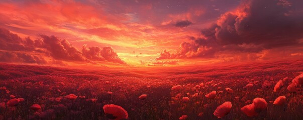 Poster - Stunning sunset over vast poppy field with fiery sky and dramatic clouds