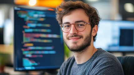Young male software developer sits in a modern office, smiling confidently while coding on his computer. This portrait captures innovation and teamwork in tech.
