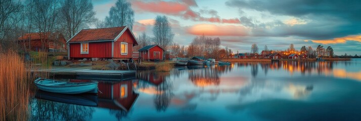 Aufkleber - Scandinavian village at dusk with reflections on water and cozy wooden houses. Generative AI