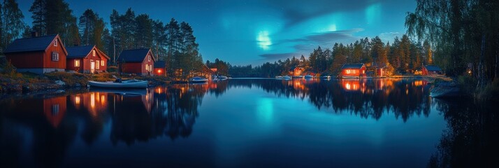 Poster - Quiet Scandinavian village by the lake under the northern lights during twilight. Generative AI