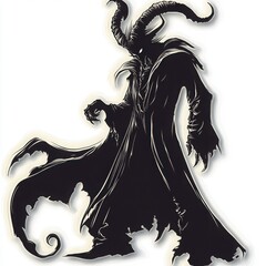 A dramatic silhouette of a horned figure, cloaked in darkness, evokes a sense of mystery and power. The stark contrast of black and white enhances the image's intensity.